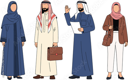 Professional Arab business people set including men in traditional thawb and ghutra and women in elegant hijab and modern corporate office attire.