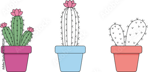 Cute cactus plants in pots flat vector illustration set, minimal houseplant design for home decor and interior concept