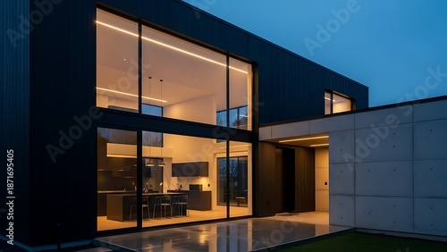 Modern Luxury Home Exterior at Twilight with Illuminated Interior and Large Windows