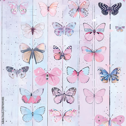 Whimsical Pastel Butterflies on a Soft Wood Background