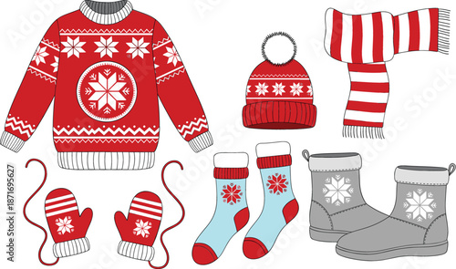 Cozy winter clothing vector set featuring red fair isle sweater, knitted hat, striped scarf, mittens, socks, and boots for Christmas holiday seasonal design.