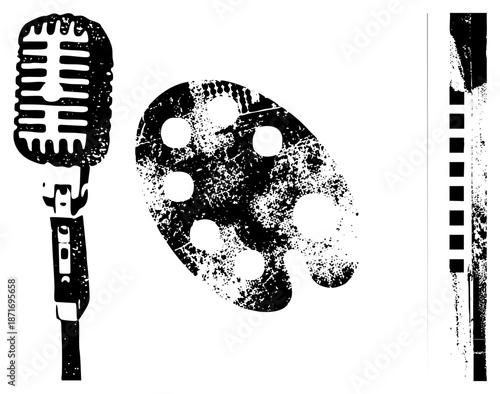 Vintage Microphone, Artist Palette, and Film Strip Set