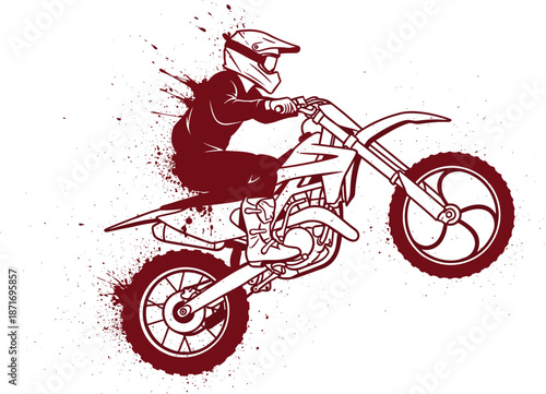 Motocross dirt bike stunt illustration vector featuring rider jump action extreme sport racing splash grunge style design poster branding apparel