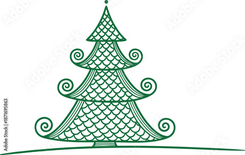 Minimal green Christmas tree line art vector illustration with decorative swirls for holiday winter design and festive branding marketing backgrounds