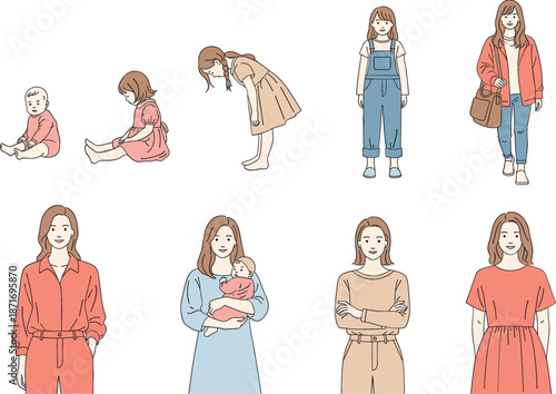 Evolution and life cycle of a female from baby to adult mother and professional woman in a clean flat line vector illustration style.