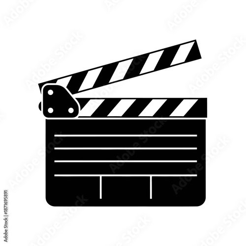 A bold, monochromatic vector illustration of an open film clapperboard, featuring distinct diagonal stripes on the hinged arm and clean horizontal lines across the slate ready for a director's cue