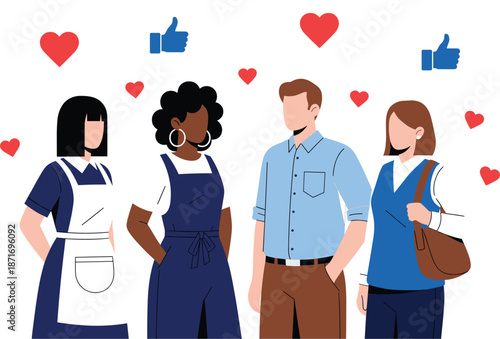 Diverse group of people receiving social media likes and hearts representing approval, feedback, and online community support in flat vector illustration