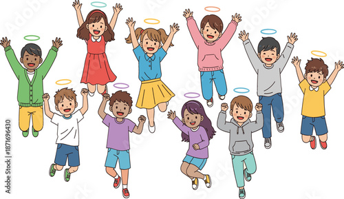 Diverse group of happy children jumping in the air with colorful halos representing joy, childhood innocence, diversity, education, and friendship flat vector illustration.