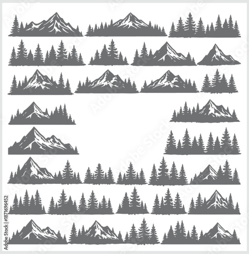 Gray silhouette illustrations of various mountain ranges with trees