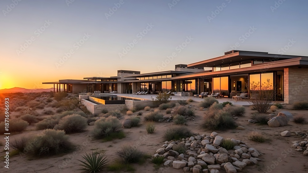 Obraz premium Luxury Modern Desert Home at Sunset in Arid Landscape