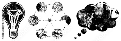 Vintage Halftone Lightbulb, Network Nodes, and Thought Bubble
