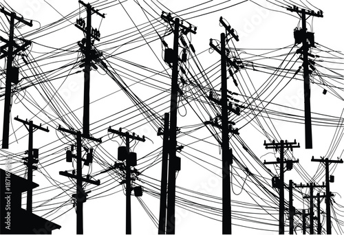 Chaotic silhouette of utility poles with transformers, crossarms, tangled overhead power lines, electrical infrastructure, urban energy distribution, telecommunications network, industrial electricity
