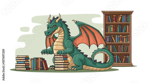Educated Dragon With Books, Fantasy Learning Concept, Mythical Creature Stacking Literature, Cartoon, Isolated on transparent background, Bookcase, Reading Habit