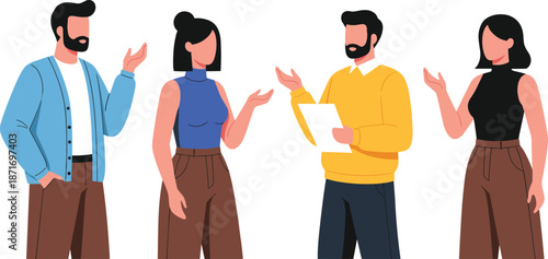 Business team discussion and communication concept with people talking and presenting ideas flat vector illustration
