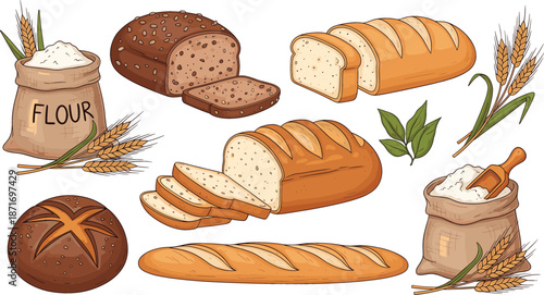 Assorted bakery collection featuring sliced whole grain bread sourdough loaves baguette flour sacks and wheat stalks isolated on white background vector illustration