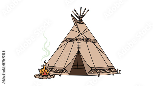 Native American Teepee Vector with Campfire - Indigenous Culture Illustration, Travel Adventure Concept, Isolated on transparent background for Graphic Design Elements