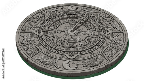 Aztec Calendar Stone Vector, Ancient Mayan Sun Clock, Historic Astrology Glyph, Isolated on transparent background. Ancient Civilization, Archeology Concept.