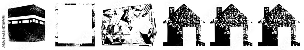 Fototapeta premium Sacred Kaaba Shrine with Halftone Texture and Isolated House Silhouettes