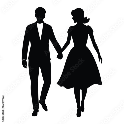 Romantic Couple Silhouette Holding Hands Vector