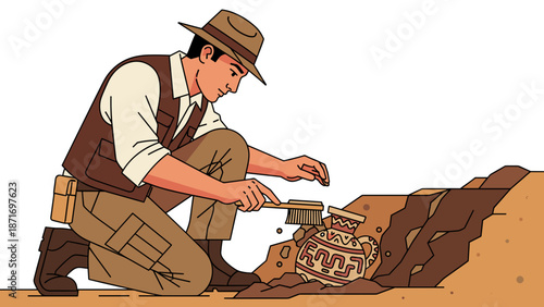 Adventurous Archeologist Finds Ancient Pottery, Discovering History & Heritage - Detailed Vector Illustration, Isolated on Transparent Background