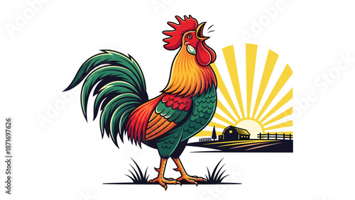 Crowing Rooster Vector Illustration: Morning Farm Animal Symbolism - Cheerful Farmhouse Decor, Animated Cartoon Character, Isolated on transparent background