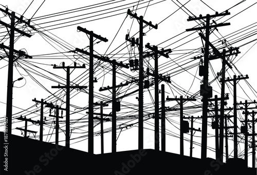 Chaotic silhouette of utility poles with crossarms, insulators, tangled power lines, electrical infrastructure, urban energy distribution, telecommunications network, industrial electricity system