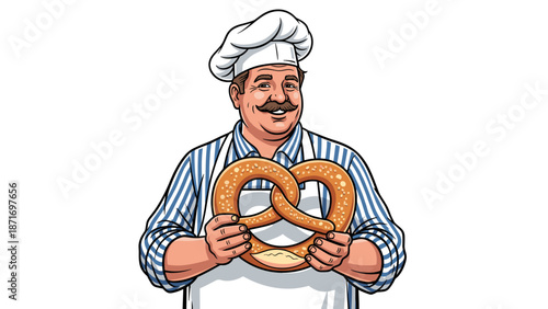 Cartoon Happy Baker Holding Pretzel, Fresh Baked Goodness, Traditional Pastry, Bakery Shop Mascot, Vector Illustration, isolated on transparent background