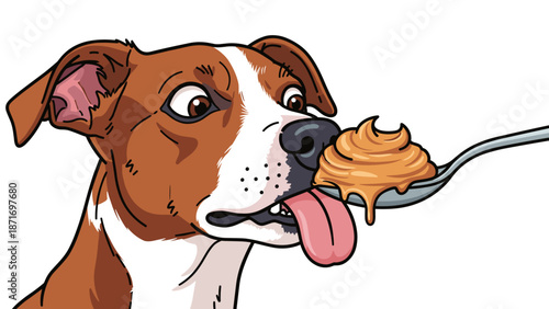 Cartoon Dog Longing for Peanut Butter Treat on Spoon, Canine Nutrition & Reward, Funny Pet Meme, Isolated on transparent background, Food Temptation, Animal Anticipation