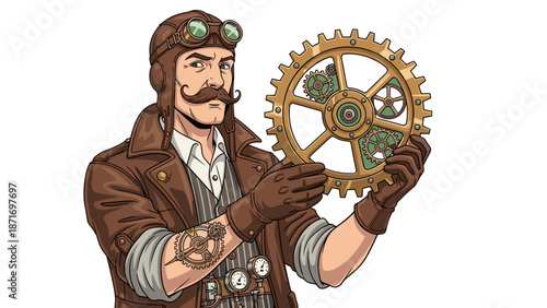 Steampunk Inventor Holding Gear - Retro Technology Engineer with Mustache, Wearing Goggles and Leather Jacket, Isolated on transparent background for Creative Projects