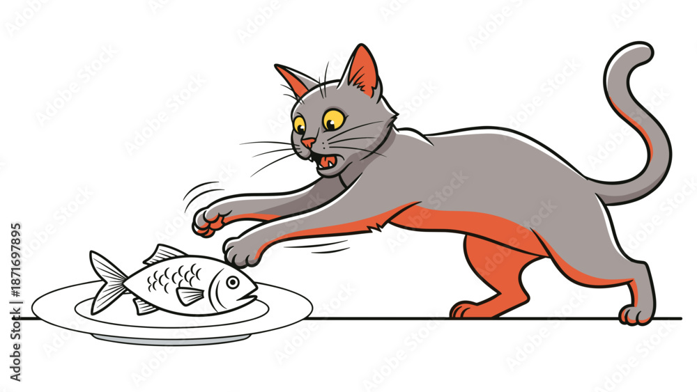 Obraz premium Cartoon Cat Stealing Fish - Playful Feline Thief Vector Illustration, comical pet design isolated on transparent background, hungry pet concept
