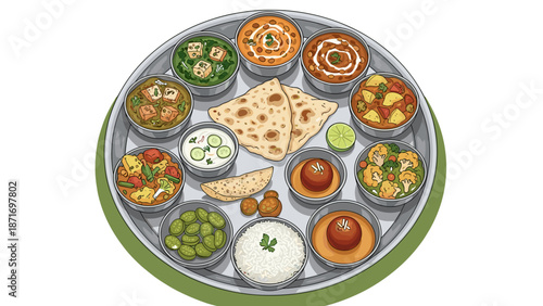Delicious Indian Thali Food Vector Illustration, Authentic Festive Meal with Curries, Naan, Rice & Sweets, Celebrating Culture and Flavors, isolated on transparent background.