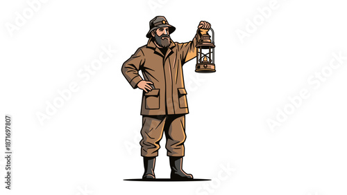 Cartoon Fisherman Holding a Lantern, Vector Character Searching with Light, Old-Fashioned Maritime Adventure, Isolated on transparent background, Guiding Light Illustration