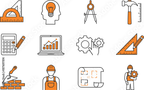 Construction and engineering line icons set with tools, planning, calculation and building process flat vector illustration
