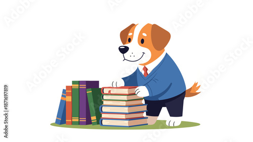 Clever Dog Student with Books, Education Concept: Cartoon Animal Character in Blazer and Tie Stacking Textbooks, Back to School Vector, isolated on transparent background.