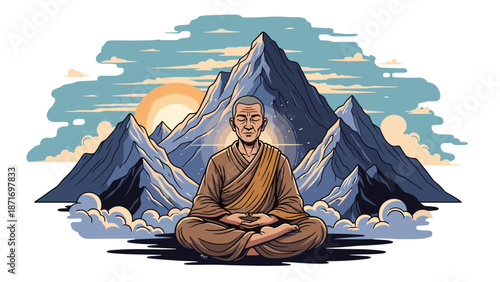 Meditating Buddhist Monk in Lotus Position against Mountainscape, Serene Spiritual Practice, Vector Illustration, Isolated on Transparent Background