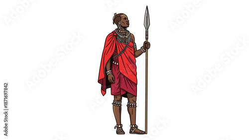 Maasai Warrior Holding Spear Vector Illustration - African Tribal Culture Heritage, Protector, Guard, Traditional Clothing Isolated on transparent background