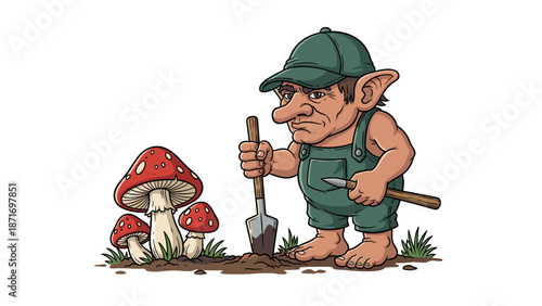 Cartoon Troll Gardener Digging Mushrooms, Illustration of a Grumpy Gnome with Tools, Isolated on transparent background, Whimsical Fantasy Character Art.