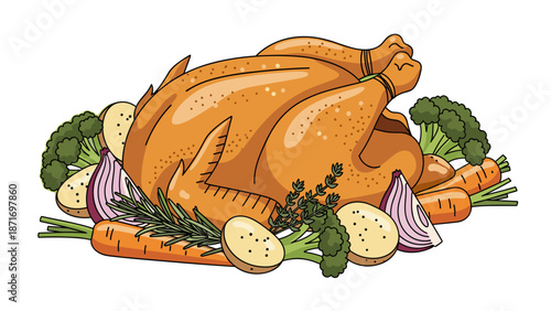 Roasted Chicken with Vegetables, Festive Thanksgiving Dinner isolated on transparent background. Editable Vector Illustration for Holiday Celebrations and Recipes.