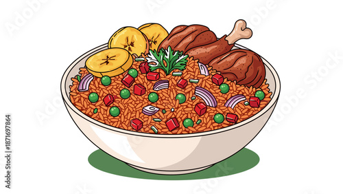 Delicious Jollof Rice Bowl with Chicken and Plantains, a Traditional West African Dish Isolated on Transparent Background, Ready to Eat, Vector Illustration.