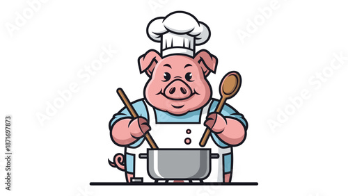 Cartoon Pig Chef Cooking with Spoons, Pot, Wearing Apron Isolated on Transparent Background. Vector Illustration for Restaurant, BBQ, Food Product Design.