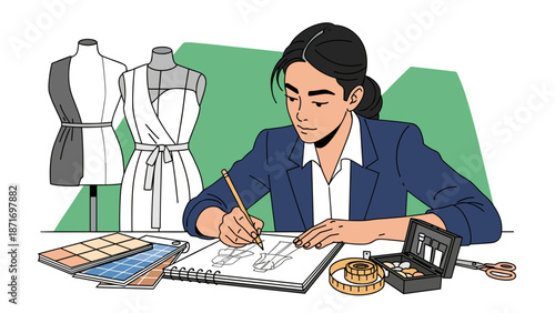 Fashion Designer Sketching Designs: Creative Woman at Work with Mannequins, Isolated on transparent background. Apparel Industry, Style Creation, Vector Illustration.