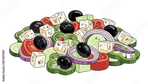 Appetizing Cartoon Greek Salad Illustration: Fresh Feta, Olives, Tomatoes, Cucumber and Onion Vector Graphic isolated on transparent background. Healthy Eating Concept.