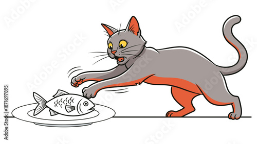 Cartoon Cat Stealing Fish - Playful Feline Thief Vector Illustration, comical pet design isolated on transparent background, hungry pet concept