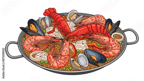 Delicious Seafood Paella Illustration, Festive Spanish Dish with Lobster, Shrimp, Mussels and Rice, Gourmet Mediterranean Cuisine, Isolated on transparent background.