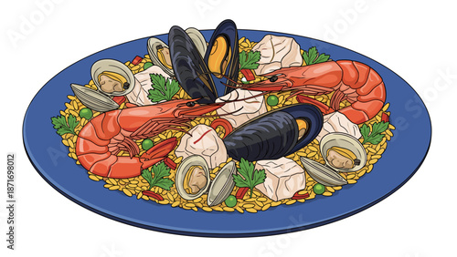 Delicious Seafood Paella Illustration: Authentic Spanish Dish with Mussels, Shrimp, Clams, Rice and Fresh Herbs, Isolated on Transparent Background, for Restaurant Menus & Recipes