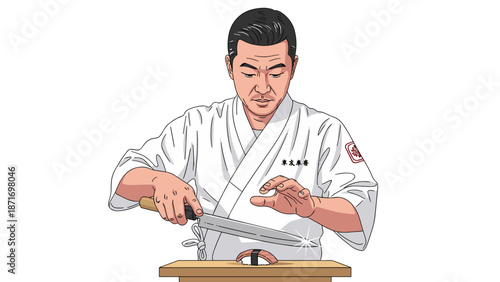 Professional Sushi Chef Preparing Nigiri - Artistic Vector Illustration of a Skilled Chef with Precision Knife Skills, isolated on transparent background for Culinary Arts Projects