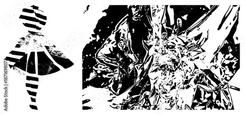 Abstract Black and White Graphic with Fragmented Silhouettes and Crumpled Texture