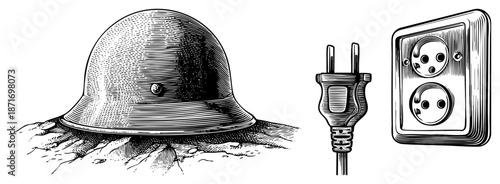 Vintage Steel Helmet Embedded in Earth Beside Electrical Plug and Outlet