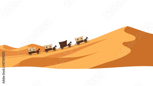 Retro Prairie Schooner Caravan in Arid Desert Landscape Isolated on Transparent Background, Vintage Transportation, Western Expansion, Travel, Illustration, Journey