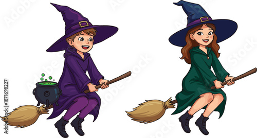 Cartoon witches flying, broomstick ride, Halloween illustration, spooky night, magical fantasy, bubbling cauldron, festive artwork, enchanted characters, seasonal design, playful sorcery